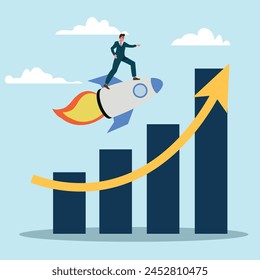 Business growth is moving forward, accelerating business growth, increasing business progress, smart businessman company leader riding a rocket rapidly increasing profits graph diagram.