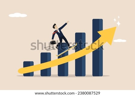 Business growth moving forward, accelerating business growth, increasing business progress, smart businessman company leader riding skateboard rapidly increasing profits graph diagram.