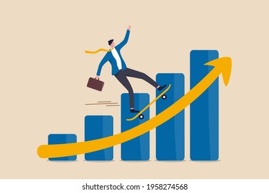 Business growth moving forward, company recover from crisis and accelerate growing up concept, smart businessman company leader riding skateboard fast on rising up profit graph diagram.