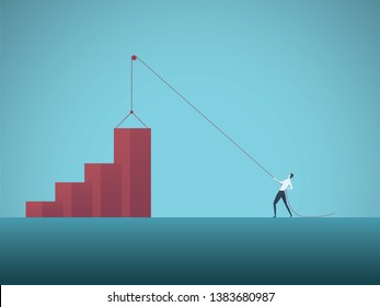 Business growth objective vector concept with businessman pulling graph up on pulley. Symbol of success, achievement, challenge, strategy, goals, targets and leadership. Eps10 illustration.