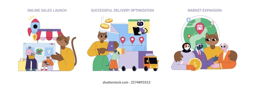 Business growth phases illustrated through digital selling strategies. Showcases online sales launch, delivery optimization, and market expansion. Three key steps for boosting business success and