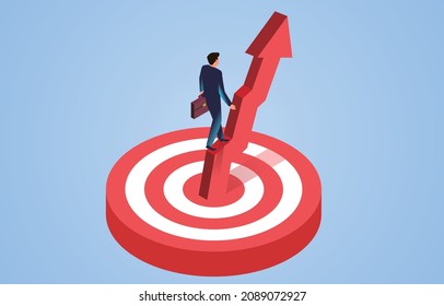 Business growth and plan goals, businessman walking upward along the bullseye growth arrow