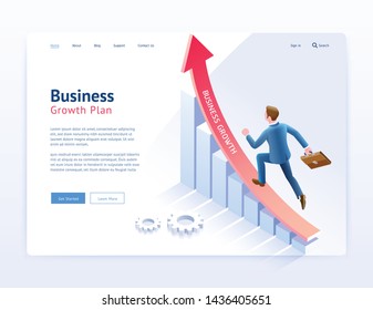 Business growth plan website UI design. Businessman running on red arrow and infographic isometric elements.