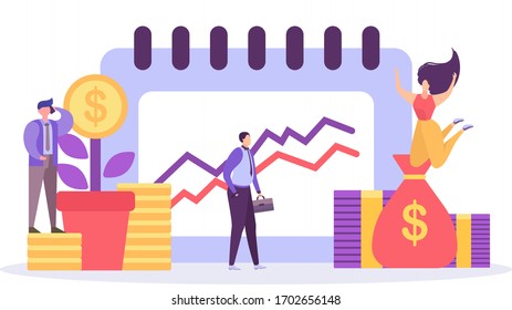 Business growth, planning and analytics, business strategy, making profit, vector illustration. Men and women are standing against background of graph going up. Stack of coins and notes, bag with a