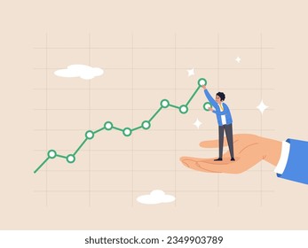 Business growth planning concept. Drive sale increasing profit, support or help to increase income or profit, wealth management or investment, businessman standing on helping hand pull up rising graph