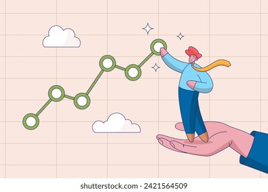 Business growth planning concept. Drive sale increasing profit, support or help to increase income or profit, wealth management or investment, businessman standing on helping hand pull up rising graph