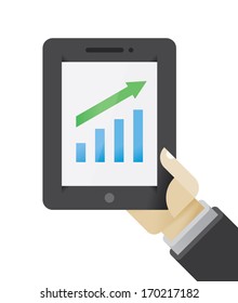 Business growth presentation graph on tablet computer in businessman hand. Idea - New technologies for business presentations and seminars.