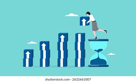 business growth process, Growth Earning From Compound Interest In Long Term Investing, businesswoman makes financial growth graph by box on top of hourglass vector illustration with flat style design