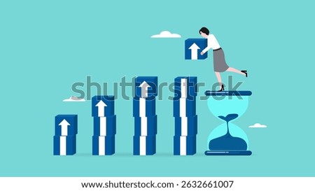 business growth process, Growth Earning From Compound Interest In Long Term Investing, businesswoman makes financial growth graph by box on top of hourglass vector illustration with flat style design