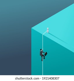 Business growth and professional strategy concept - businessman climbing a rope from the bottom of the abyss - isometric conceptual illustration for banner or poster. Vector illustration