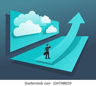 Business growth and professional strategy concept - businessman standing at start of the big chart arrow conceptual illustration for banner or poster. Vector illustration