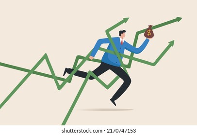 Business growth. Profit from stock market volatility. Guru experts in trading stocks or cryptocurrencies. financial profit predictions. 
 Businessman follows the green arrow graph.