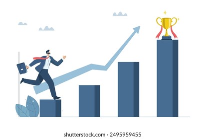 Business growth or progress, Development, Inspiration to work towards goals, Incentive to drive success, Businessman running on a growing graph to victory with a trophy. Vector design illustration.