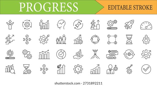 Business Growth and Progress Development Line Icon Set

