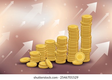 Business growth rate, currency value soars to high levels on red with gold blurred background.