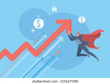 Business growth, business recovery, leading to success or crisis response to emerge stronger from disruption concept. Superhero businessman is lifting the arrow graph higher in blue background.