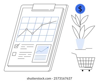 Business growth report showing line graph with rising trend, check marks, and financial symbols. Ideal for finance, investment, business growth, economic analysis, e-commerce. Simple modern style