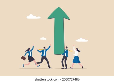 Business growth and risk to fall down, team success or career development, strategy to win big earning and profit or business challenge concept, businessman carry huge growing up arrow with colleague.