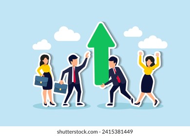 Business growth and risk to fall down, team success or career development, strategy to win big earning and profit or business challenge concept, businessman carry huge growing up arrow with colleague.