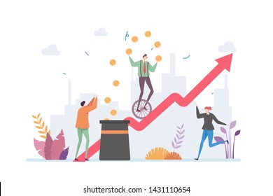 Business Growth Risk Management Vector Illustration Concept Showing Clown Juggling For Risk In a Company Profit Growth, Suitable for landing page, ui, web, intro card, editorial, flyer, and banner