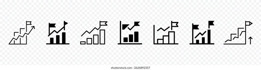 Business Growth Roadmap Icon with Flag and Upward Trend – Strategic Planning Path Symbol, Career or Success Journey Milestone, Goal Achievement and Business Development, Financial Strategy