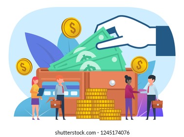 Business growth, savings. Small people stand near big wallet with cash, credit card. Poster for social media, banner, web page, presentation. Flat design vector illustration