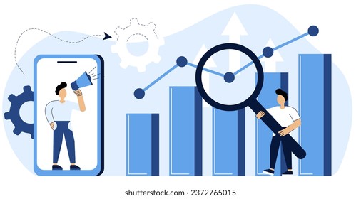 Business growth scene.Characters  analyze business growth, and celebrate success and increased money.Company development and growth.Concept business growth.Vector illustration.