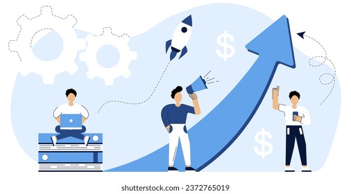 Business growth scene.Characters create new startups, analyze business growth, and celebrate success and increased money.Company development and growth.Concept business growth.Vector illustration.