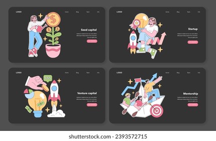 Business growth set. Woman nurturing a money plant, entrepreneur launching her vision, funding for innovative ideas, and teams navigating success. Flat vector illustration.