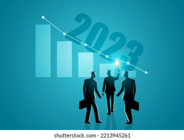 Das Geschäftswachstum verlangsamt sich bis 2023, Geschäftsmann mit Taschenlampe, der andere Geschäftsleute hinter sich hat bis 2023