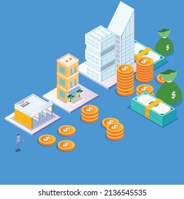 Business growth - from small business to big company isometric 3d vector concept for banner, website, illustration, landing page, flyer, etc.
