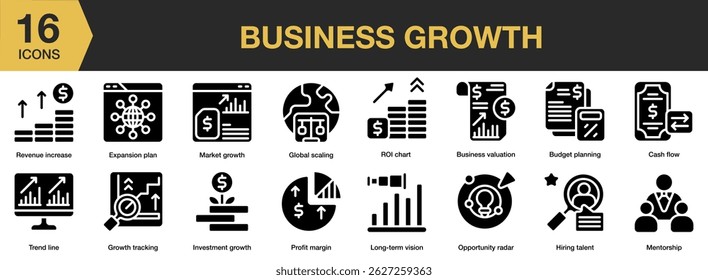 Conjunto de iconos sólidos de crecimiento empresarial. Incluye negocios, crecimiento, estrategia, finanzas, tecnología, ganancias y más. Colección de Vector de iconos sólidos.