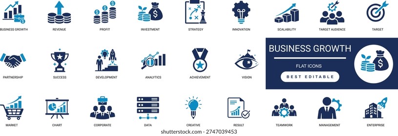 Business Growth Solid Icon Set. Success, Investment, Strategy, Profit, Market, Scale. Editable Vector Illustration Collection Set.