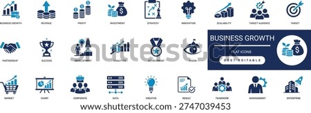Business Growth Solid Icon Set. Success, Investment, Strategy, Profit, Market, Scale. Editable Vector Illustration Collection Set.