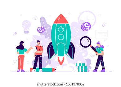 Business growth. Business or IT startup, start up venture and entrepreneurship concept, vector illustration for web, presentation, banner, infographics.  Business people launches rocket into the sky.