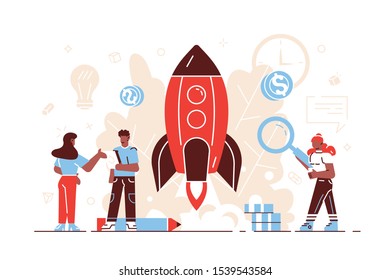 Business growth. Business or IT startup, start up venture and entrepreneurship concept, vector illustration for web, presentation, banner, infographics.  Business people launches rocket into the sky.