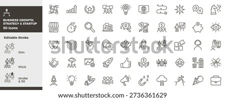 Business growth and startup strategy icon set. Innovation, planning, marketing, leadership, analytics, product, team, success icons. Thin line editable stroke vector illustrations