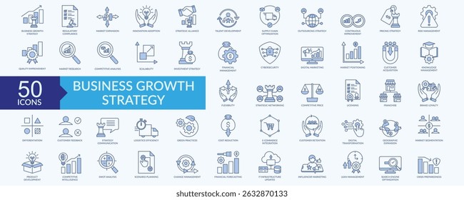 Business growth strategy icon collection set with talent development, innovation adoption, continuous improvement, market research, digital marketing
