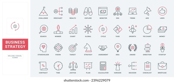 Geschäftswachstum Strategie, Ideen für den Unternehmenserfolg dünne schwarz-rote Linien Symbole setzen Vektorgrafik. Umrisse der Unternehmensethik, Symbole für die Datendarstellung, Richtungspfad und Spyglass für das Sehvermögen