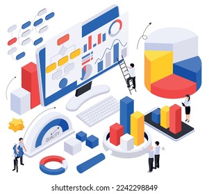 Business growth strategy isometric composition with bar chart and circular graph elements computer screen and workers vector illustration