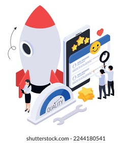 Business growth strategy isometric composition with icons of rocket tools stars likes and smartphone with people vector illustration