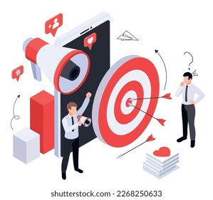 Business growth strategy isometric composition with megaphone and target icons with social reactions and human characters vector illustration