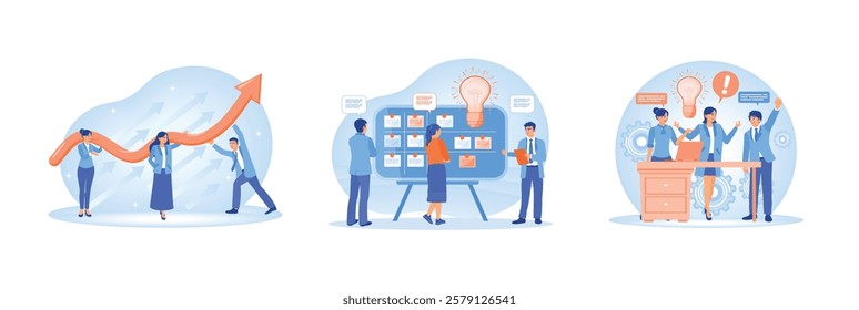 Business growth strategy. Professional teams meet or brainstorm new ideas. Business planning and strategy. Business Development Concept. Set flat vector illustration.