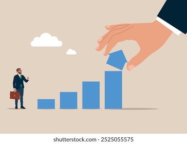 Business growth strategy. Raising high standards of living and prices. Businessman analyzing bar chart for financial success. Modern vector illustration in flat style