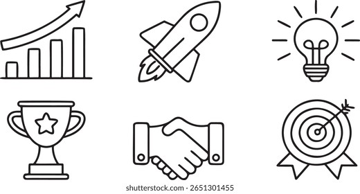 Business Growth Strategy And Success Icon Set, Rocket Launch, Target Arrow, Trophy, Upward Graph, Handshake, Idea Bulb, Editable Flat Corporate Design