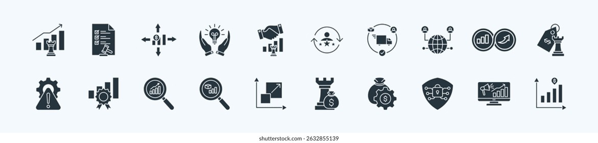 Business growth strategy thin icon set containing regulatory compliance,market expansion,innovation adoption,strategic alliance,talent development
