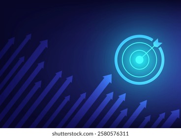 Business Growth and Success arrow Target Concept for Skills, Vision, and Objectives. Abstract blue background with darts symbolizing upward progress, strategic missions.