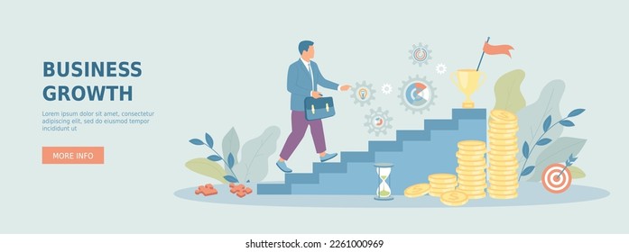 Crecimiento empresarial. Éxito en el crecimiento de la carrera, liderazgo, trabajo en equipo. Empresario subiendo los escalones para llegar a la copa del ganador y al dinero. Banner promocional de la web. Dibujo vectorial plano de caricatura con carácter de persona