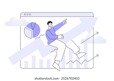 Business and growth success concept, Businessman sitting on top of big arrow and moving growth. Flat vector illustration.