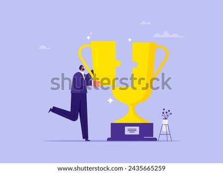 Business growth and success concept, businessman connecting jigsaw puzzle to trophy, building trophy puzzle